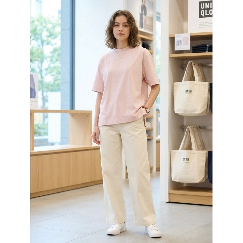 Uniqlo AIRism Cotton Blend Relaxed Crew Neck T-Shirt Light Pink S 465755